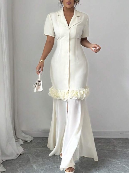 Selianne Dresses & Skirts - Ivory Button-Front Maxi Dress with Rosette Trim
